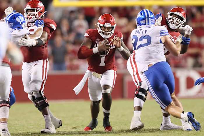 Arkansas Razorbacks quarterback KJ Jefferson (1) rushes during the fourth quarter against the BYU Cougars at Donald W. Reynolds Razorback Stadium. BYU won 38-31.